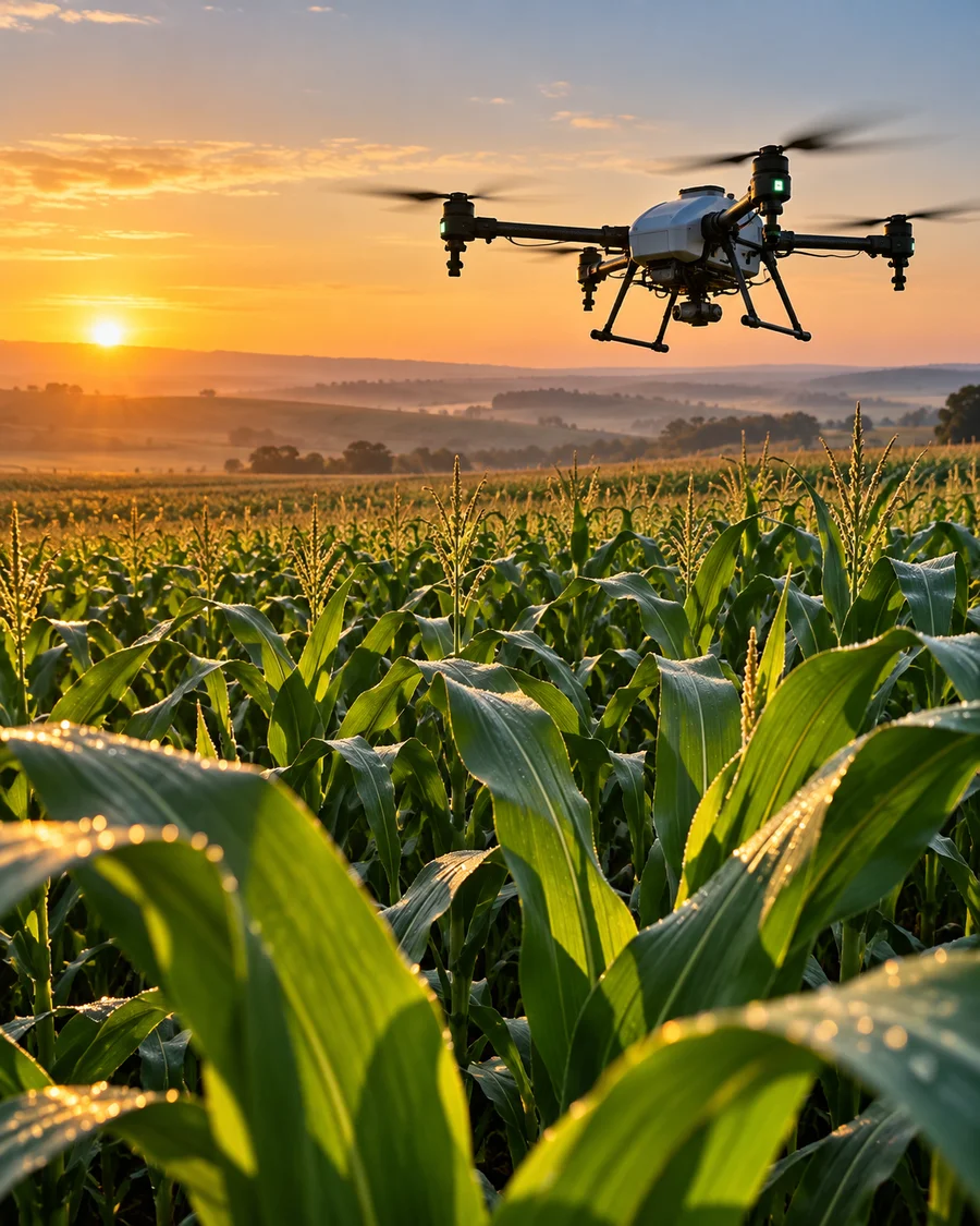Drone agrícola sobre uma lavoura de milho
