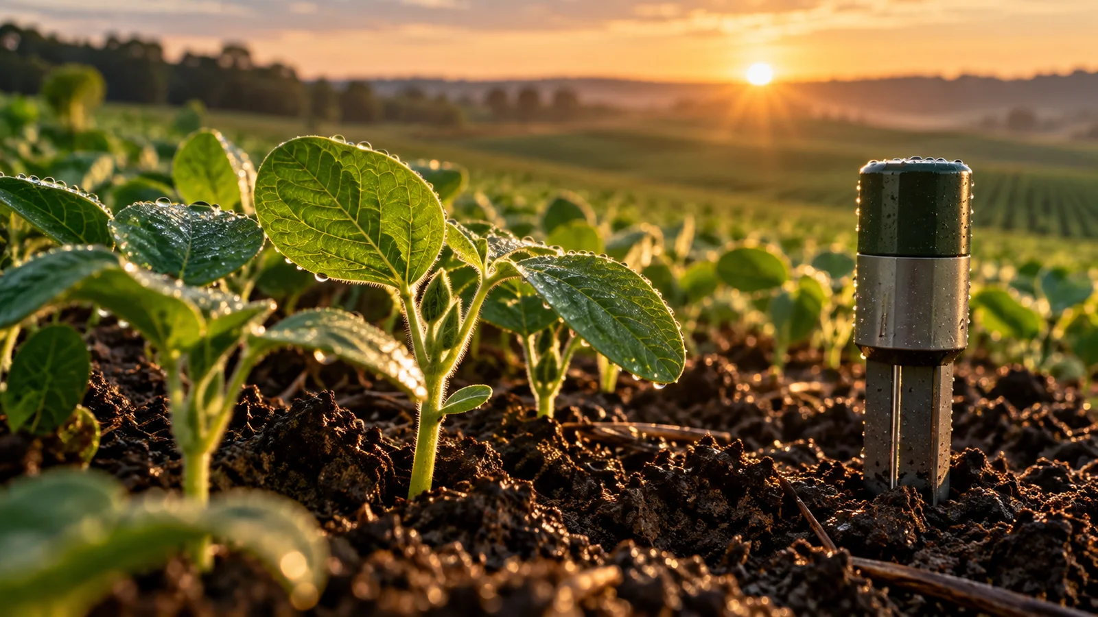 Sensor agrícola junto a plantas de soja