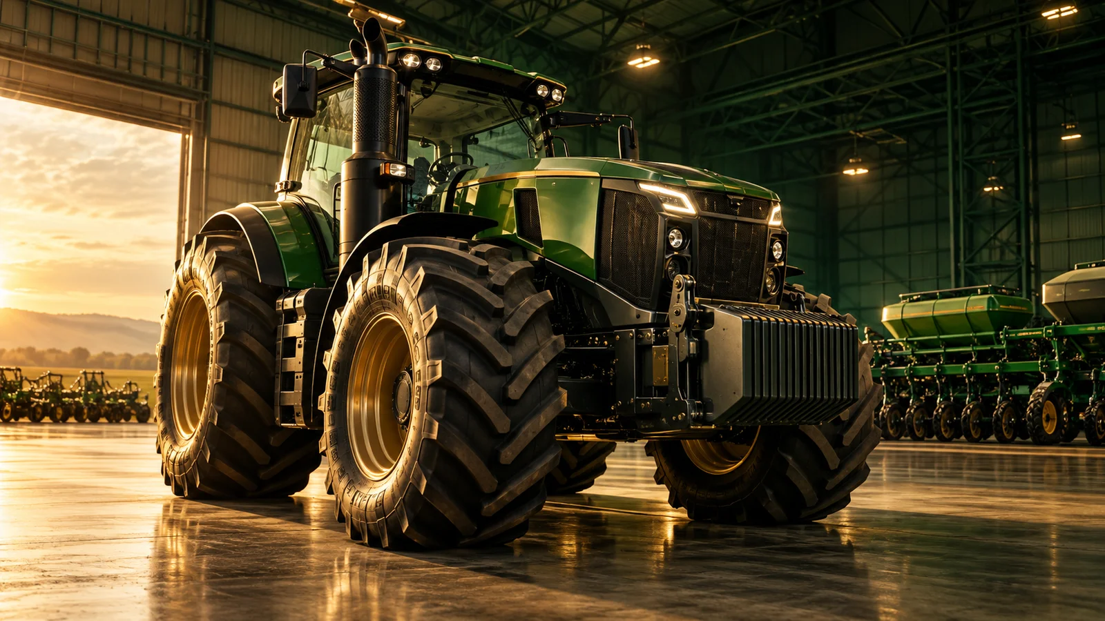 Trator em um galpão de equipamentos agrícolas